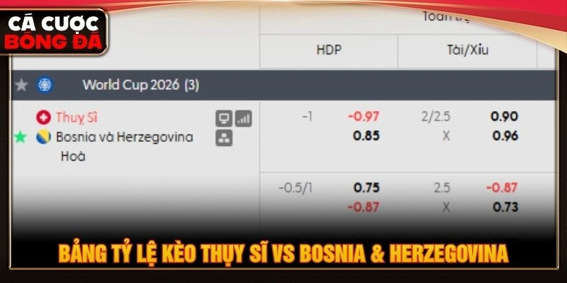 Bảng tỷ lệ kèo Thụy Sĩ vs Bosnia & Herzegovina